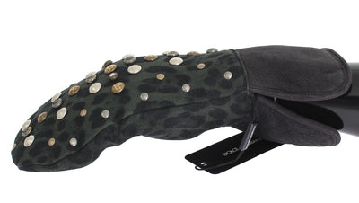 Gants Dolce &amp; Gabbana en peau de mouton grise et léopard vert clouté