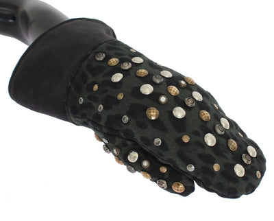 Gants Dolce &amp; Gabbana en peau de mouton grise et léopard vert clouté