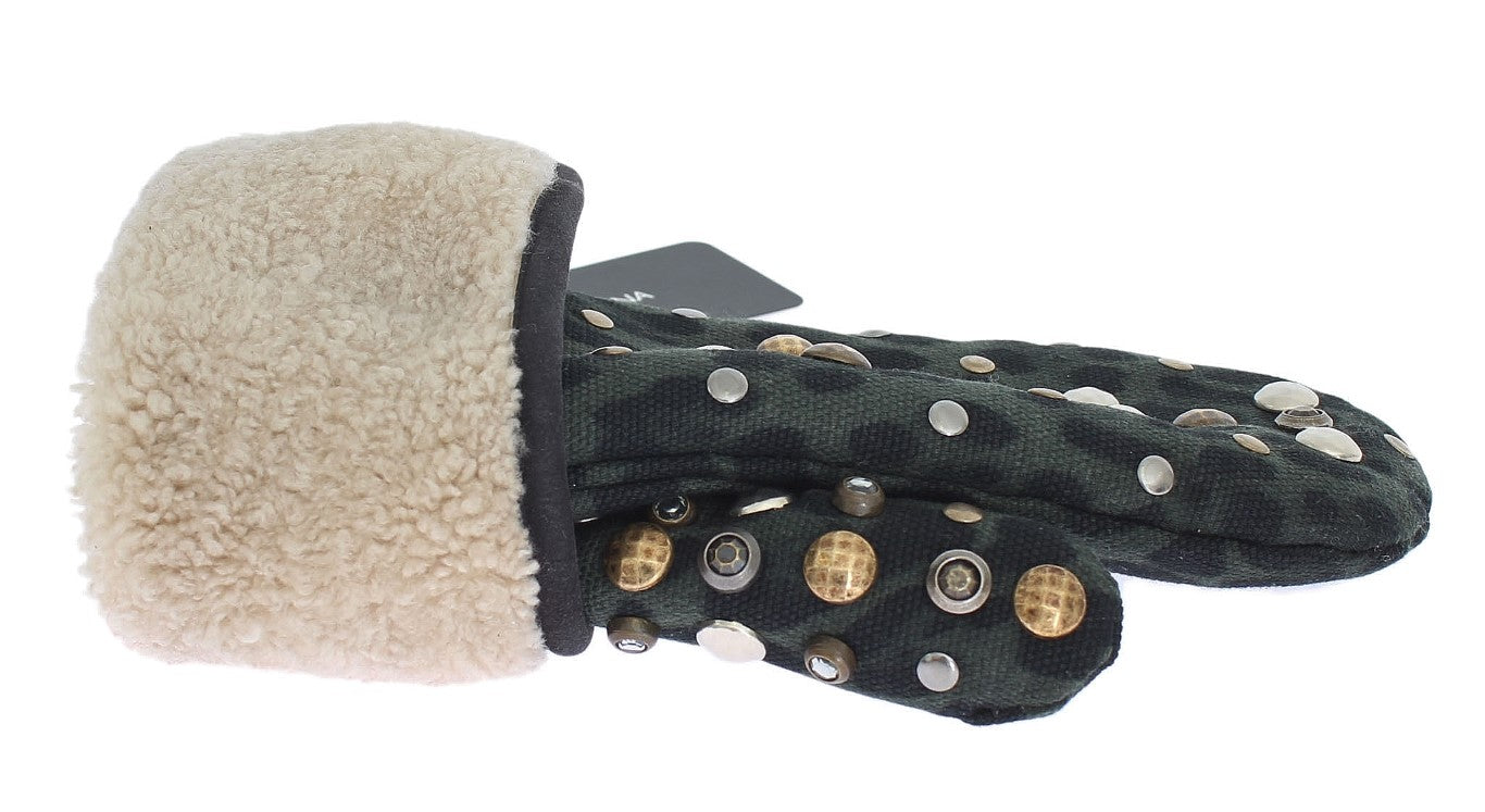 Gants Dolce &amp; Gabbana en peau de mouton grise et léopard vert clouté
