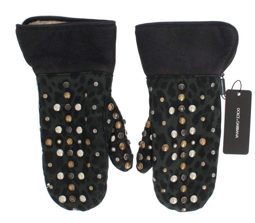 Gants Dolce &amp; Gabbana en peau de mouton grise et léopard vert clouté