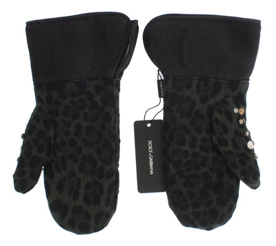 Gants Dolce &amp; Gabbana en peau de mouton grise et léopard vert clouté
