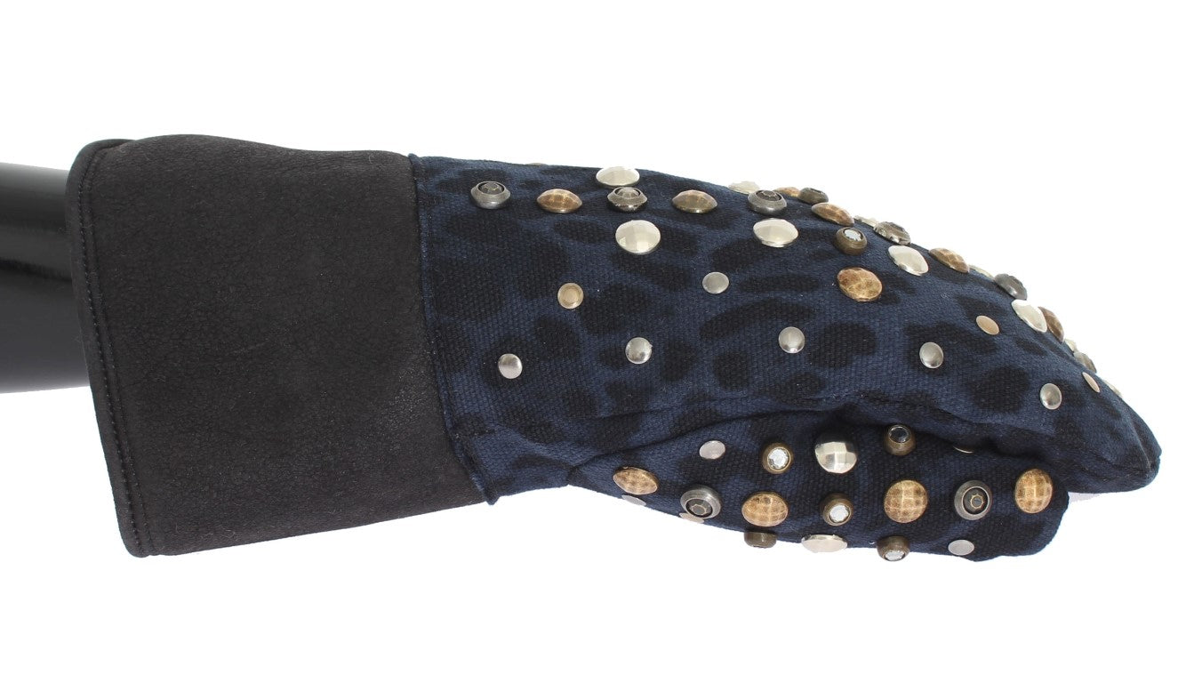 Gants Dolce &amp; Gabbana en peau de mouton grise et léopard bleu clouté