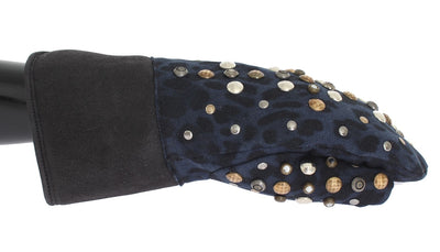 Gants Dolce &amp; Gabbana en peau de mouton grise et léopard bleu clouté