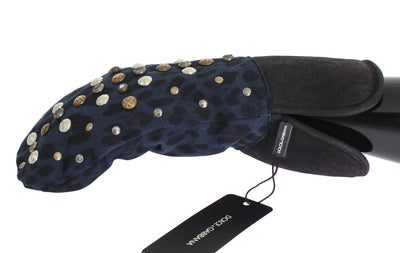 Gants Dolce &amp; Gabbana en peau de mouton grise et léopard bleu clouté
