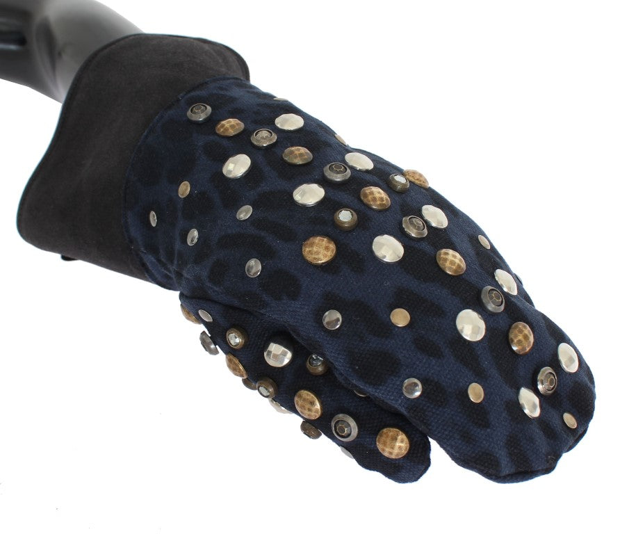 Gants Dolce &amp; Gabbana en peau de mouton grise et léopard bleu clouté