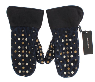 Gants Dolce &amp; Gabbana en peau de mouton grise et léopard bleu clouté