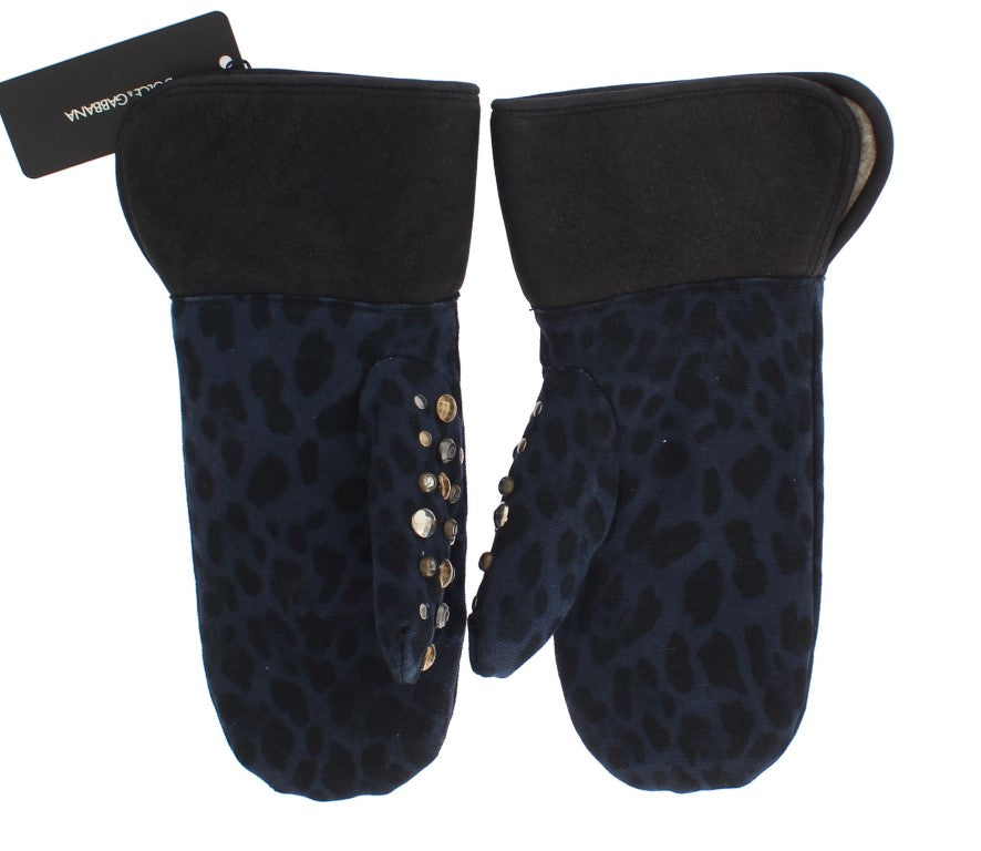 Gants Dolce &amp; Gabbana en peau de mouton grise et léopard bleu clouté