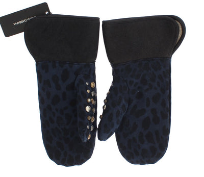 Gants Dolce &amp; Gabbana en peau de mouton grise et léopard bleu clouté
