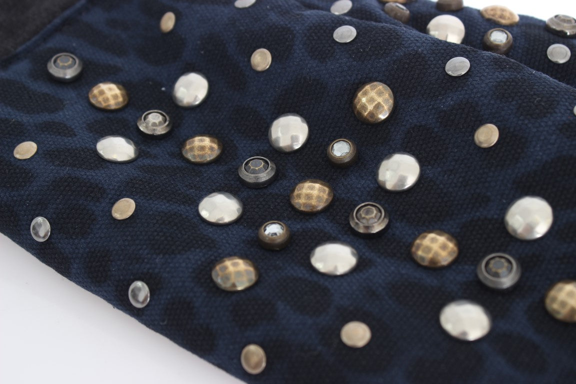 Gants Dolce &amp; Gabbana en peau de mouton grise et léopard bleu clouté