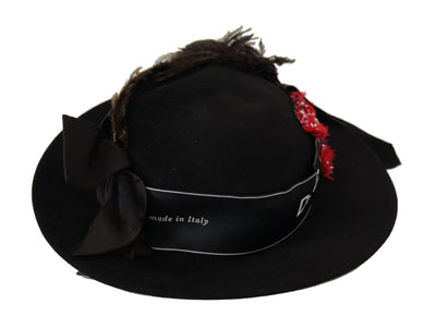 Chapeau Fedora Dolce &amp; Gabbana avec broche en forme de cœur et plumes en cristal noir
