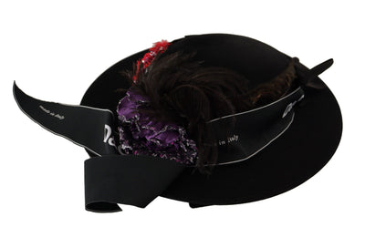 Chapeau Fedora Dolce &amp; Gabbana avec broche en forme de cœur et plumes en cristal noir