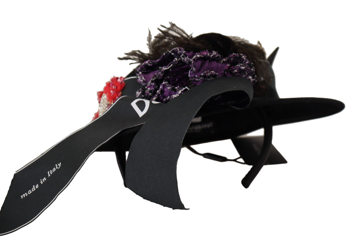 Chapeau Fedora Dolce &amp; Gabbana avec broche en forme de cœur et plumes en cristal noir