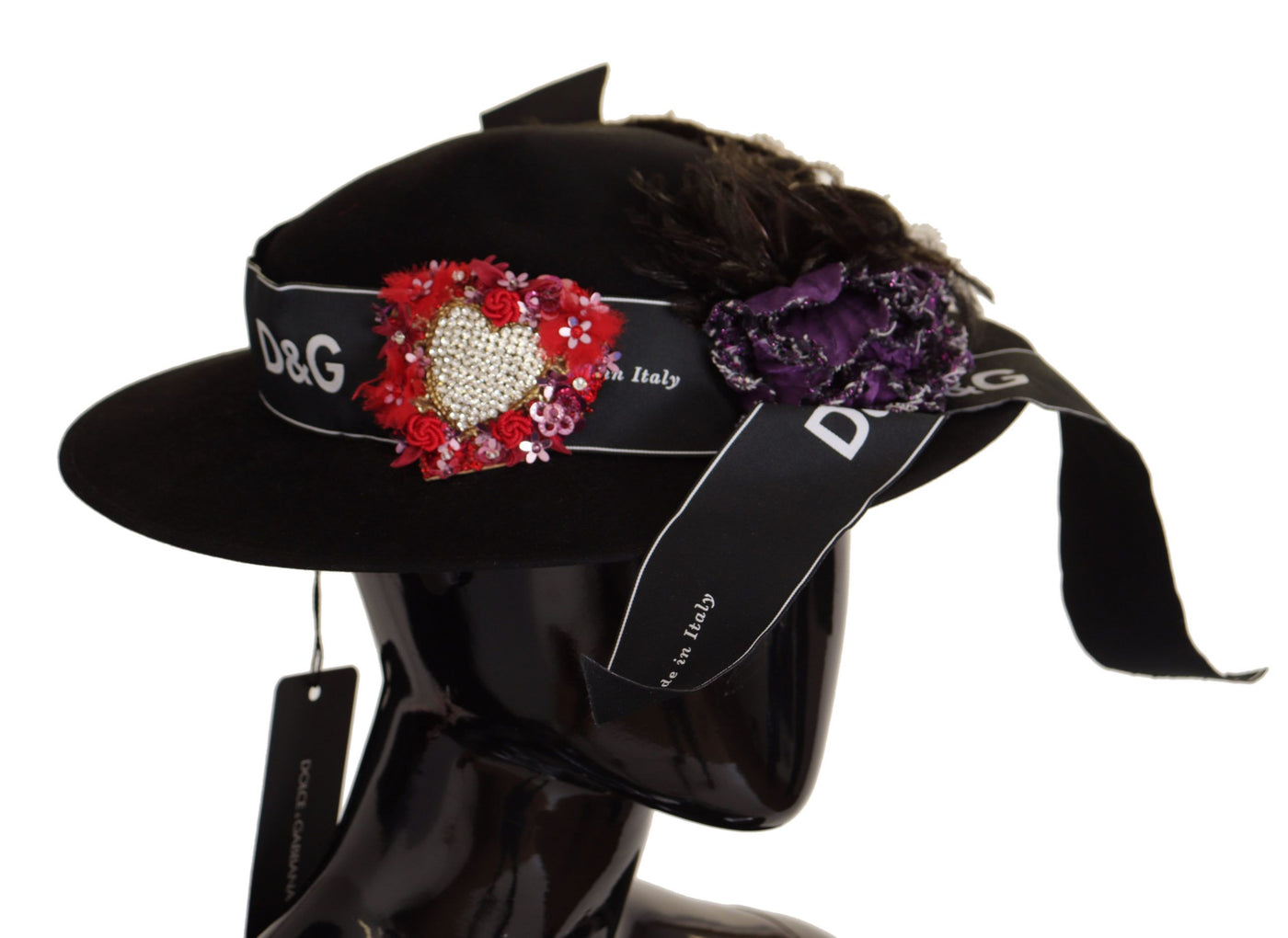 Chapeau Fedora Dolce &amp; Gabbana avec broche en forme de cœur et plumes en cristal noir