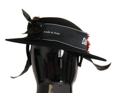 Chapeau Fedora Dolce &amp; Gabbana avec broche en forme de cœur et plumes en cristal noir