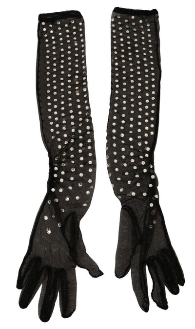 Gants en tulle de coton à cristaux noirs Dolce &amp; Gabbana