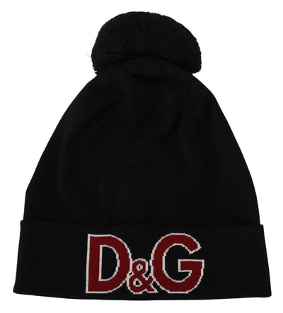 Bonnet d'hiver Dolce &amp; Gabbana en laine noire avec boule de fourrure DG Love, taille unique