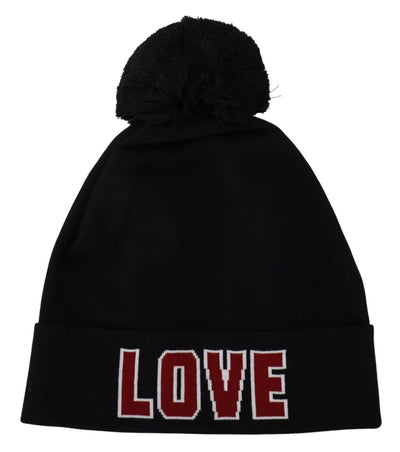 Bonnet d'hiver Dolce &amp; Gabbana en laine noire avec boule de fourrure DG Love, taille unique