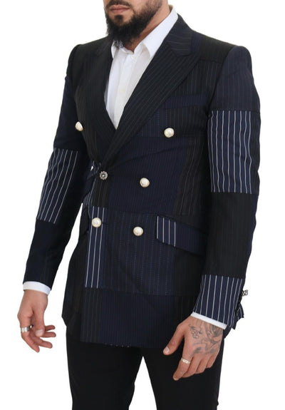 Dolce & Gabbana Blue Wool Patchwork Double Breasted Blazer