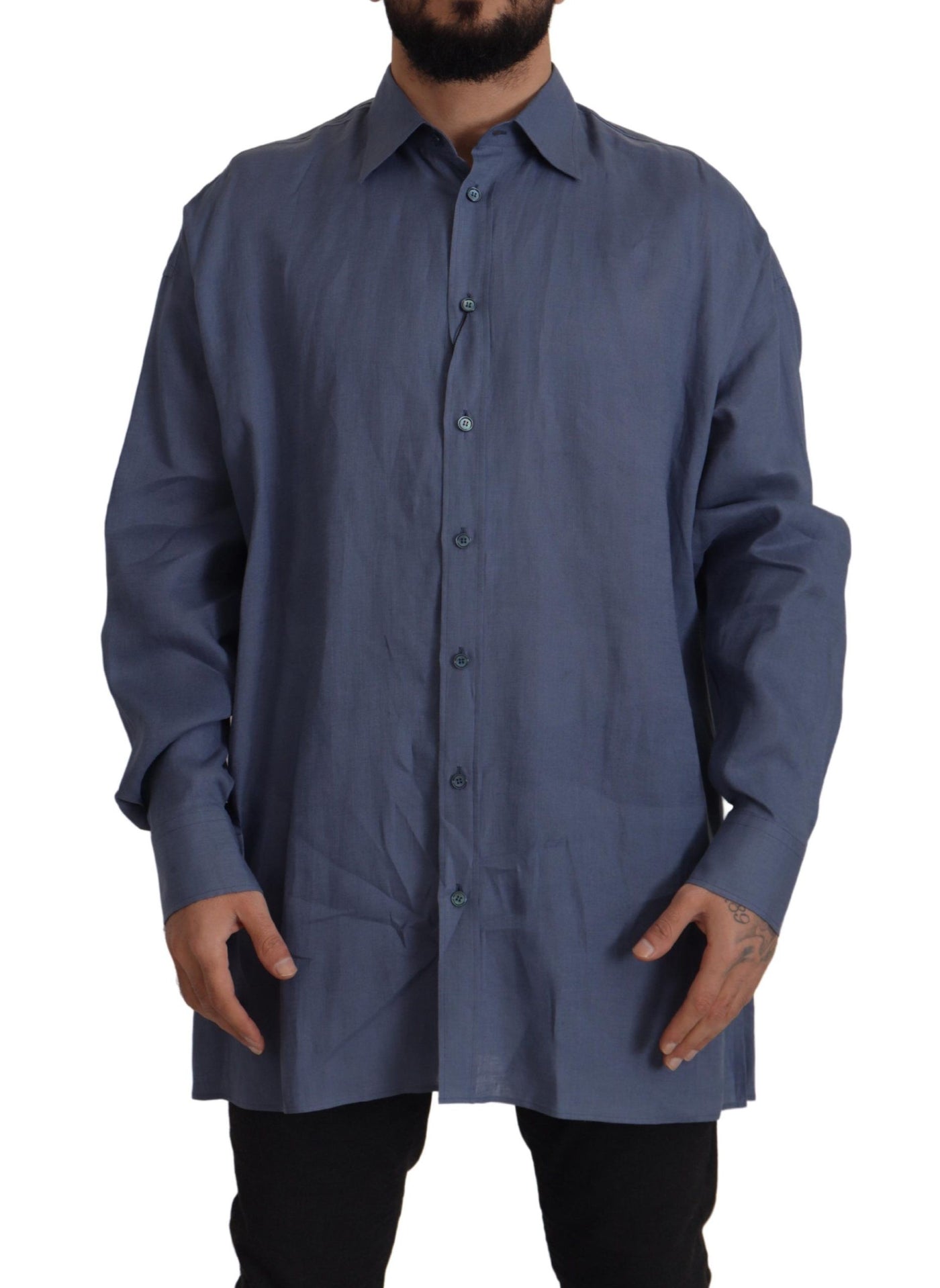 Chemise habillée cintrée en lin bleu foncé Dolce &amp; Gabbana pour homme