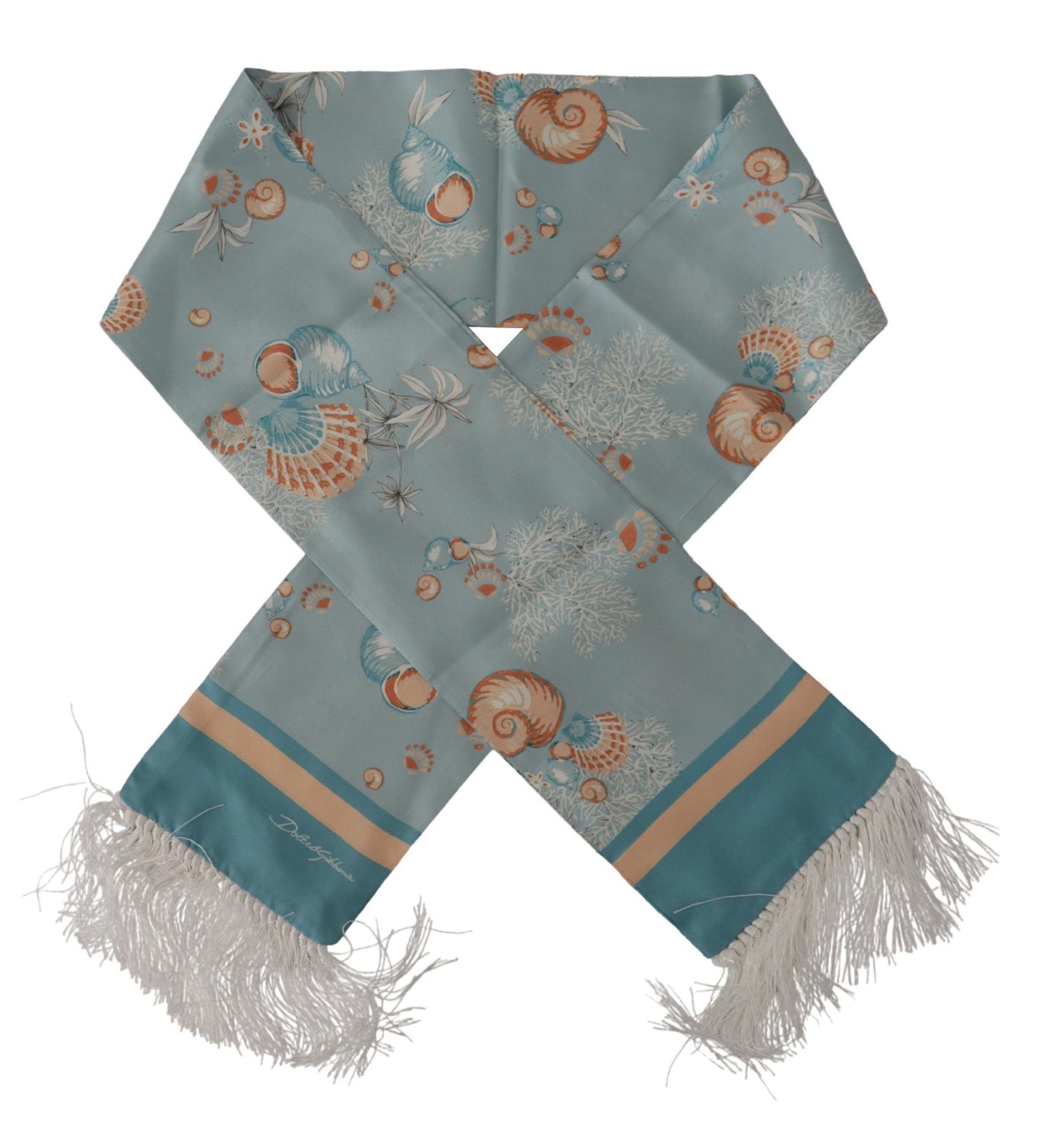 Foulard à franges en soie bleue brillante à imprimé coquillage Dolce &amp; Gabbana