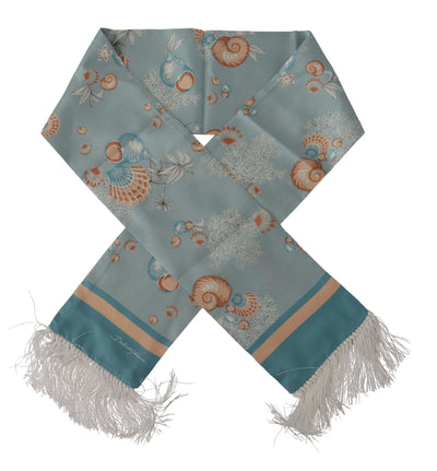 Foulard à franges en soie bleue brillante à imprimé coquillage Dolce &amp; Gabbana