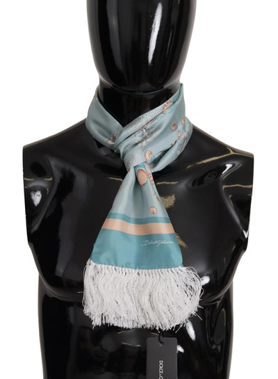 Foulard à franges en soie bleue brillante à imprimé coquillage Dolce &amp; Gabbana