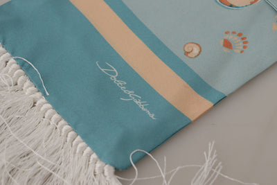 Foulard à franges en soie bleue brillante à imprimé coquillage Dolce &amp; Gabbana