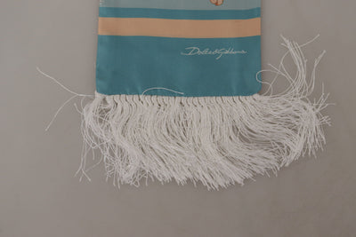 Foulard à franges en soie bleue brillante à imprimé coquillage Dolce &amp; Gabbana