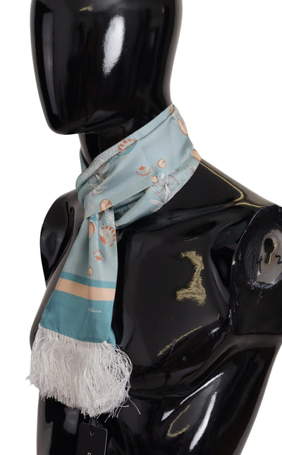 Foulard à franges en soie bleue brillante à imprimé coquillage Dolce &amp; Gabbana