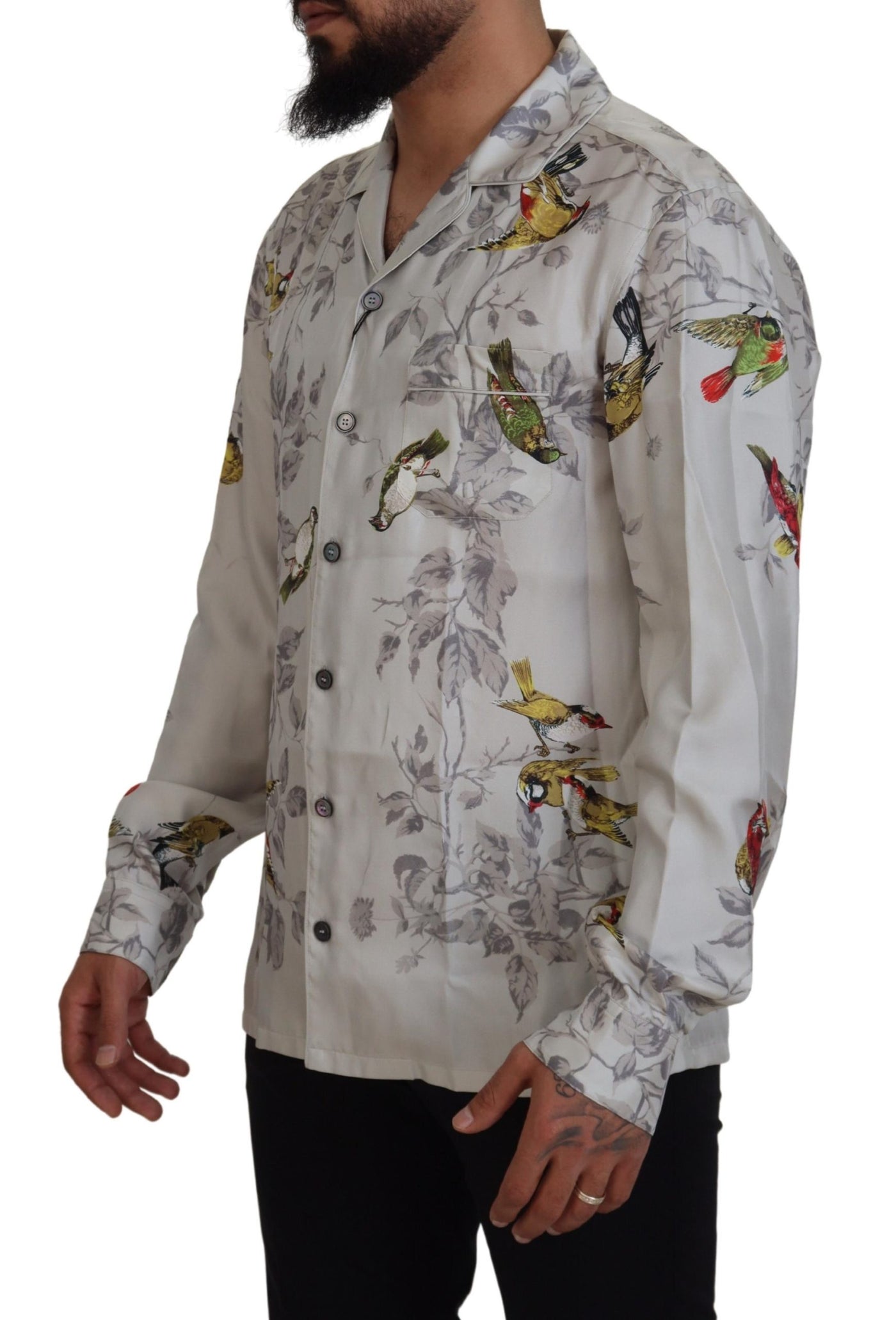 Dolce &amp; Gabbana Wit Vogelprint Zijden Satijnen Casual Shirt