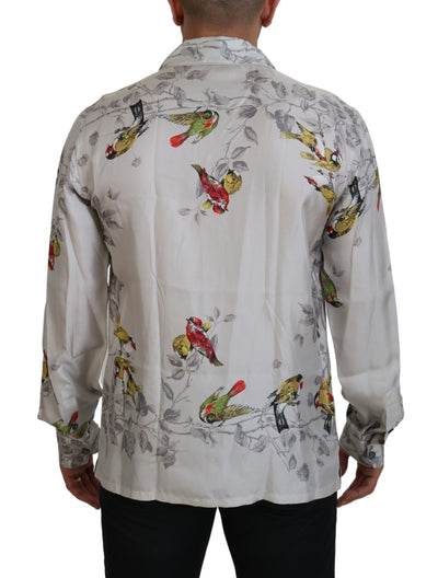 Dolce &amp; Gabbana Wit Vogelprint Zijden Satijnen Casual Shirt