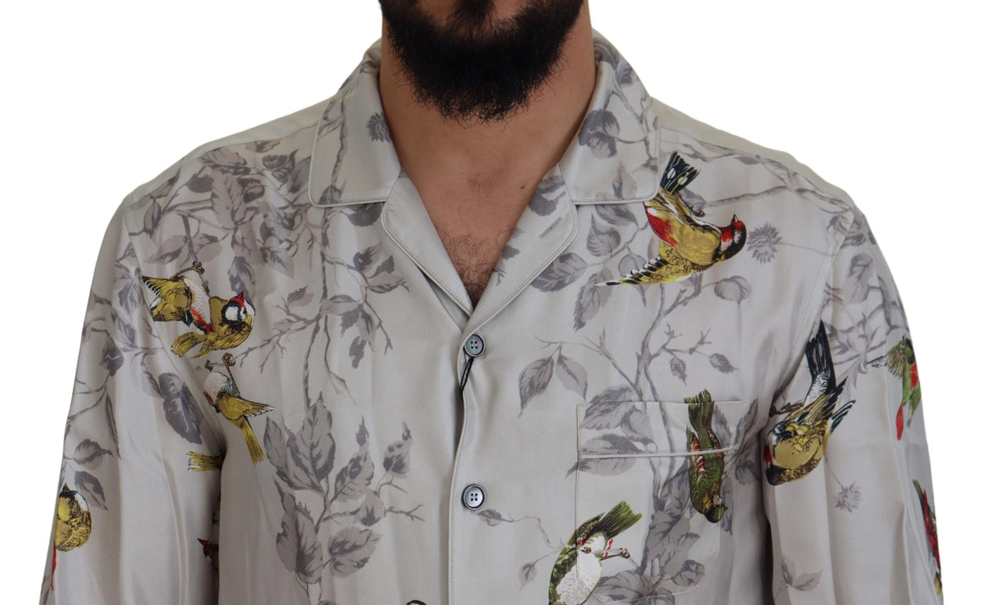 Dolce &amp; Gabbana Wit Vogelprint Zijden Satijnen Casual Shirt
