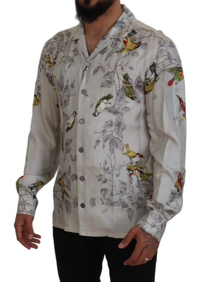 Dolce &amp; Gabbana Wit Vogelprint Zijden Satijnen Casual Shirt