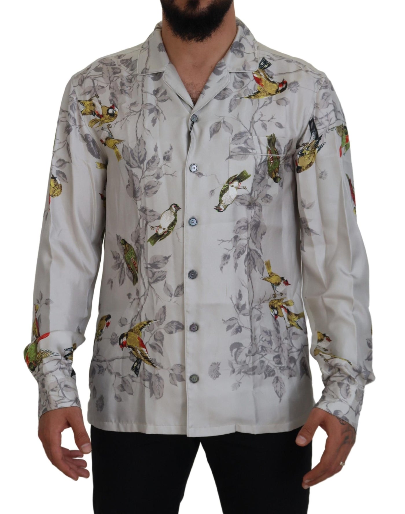 Dolce &amp; Gabbana Wit Vogelprint Zijden Satijnen Casual Shirt