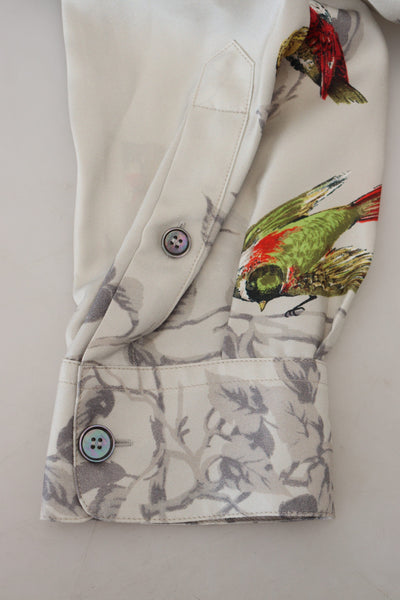 Dolce &amp; Gabbana Wit Vogelprint Zijden Satijnen Casual Shirt