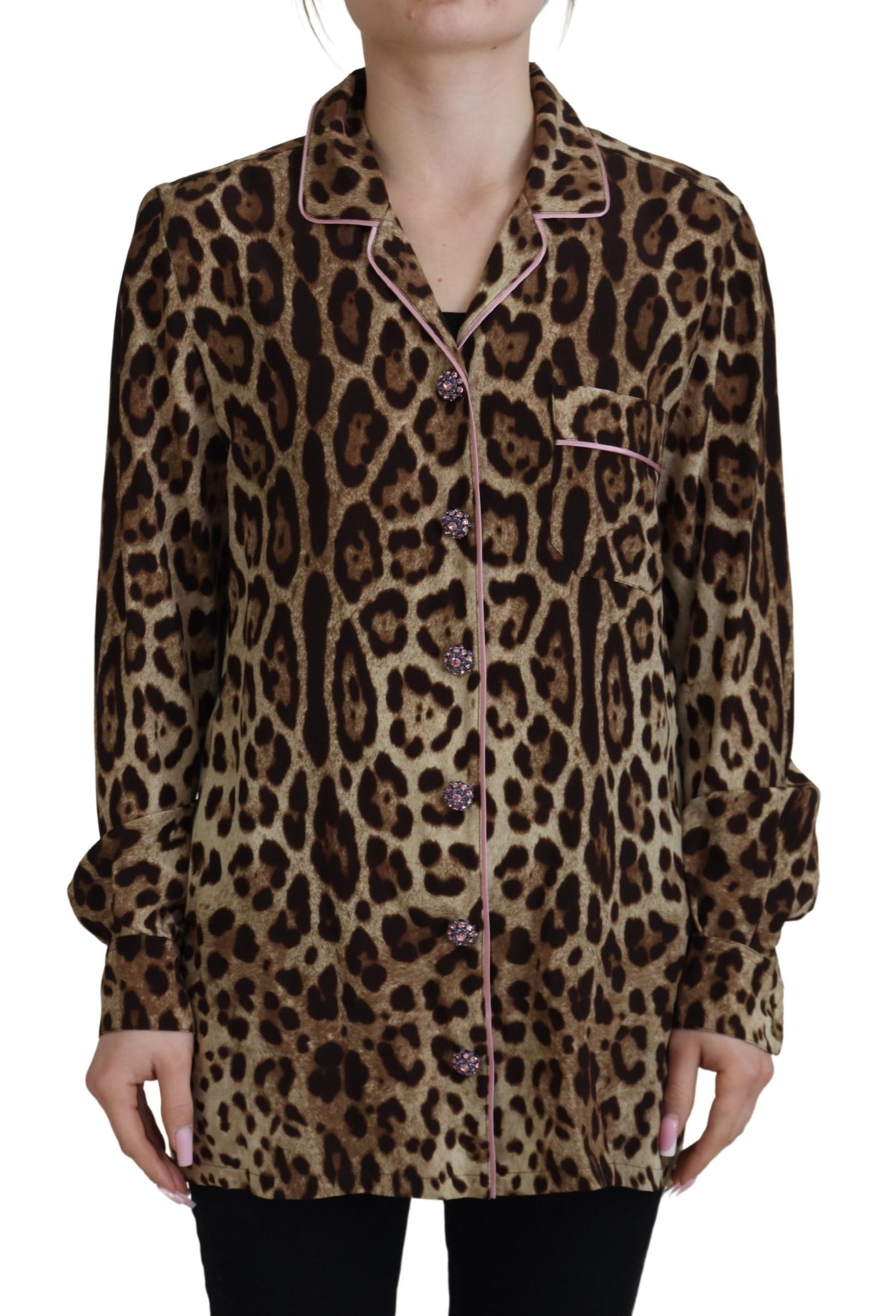 Chemisier à manches longues imprimé léopard marron Dolce &amp; Gabbana