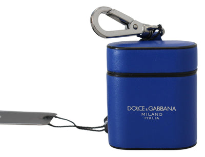 Étui pour Airpods Dolce &amp; Gabbana en cuir bleu avec logo en métal argenté