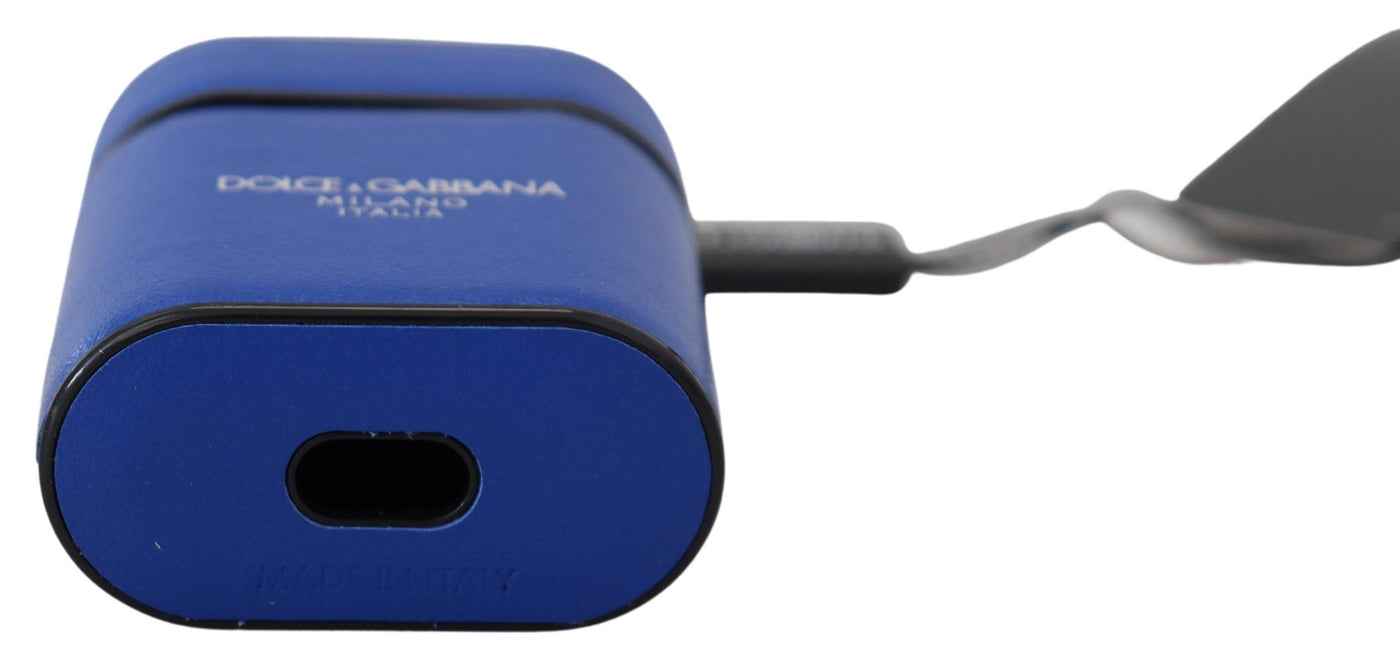 Étui pour Airpods Dolce &amp; Gabbana en cuir bleu avec logo en métal argenté