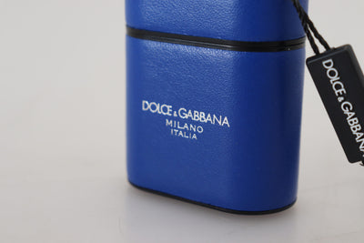 Étui pour Airpods Dolce &amp; Gabbana en cuir bleu avec logo en métal argenté