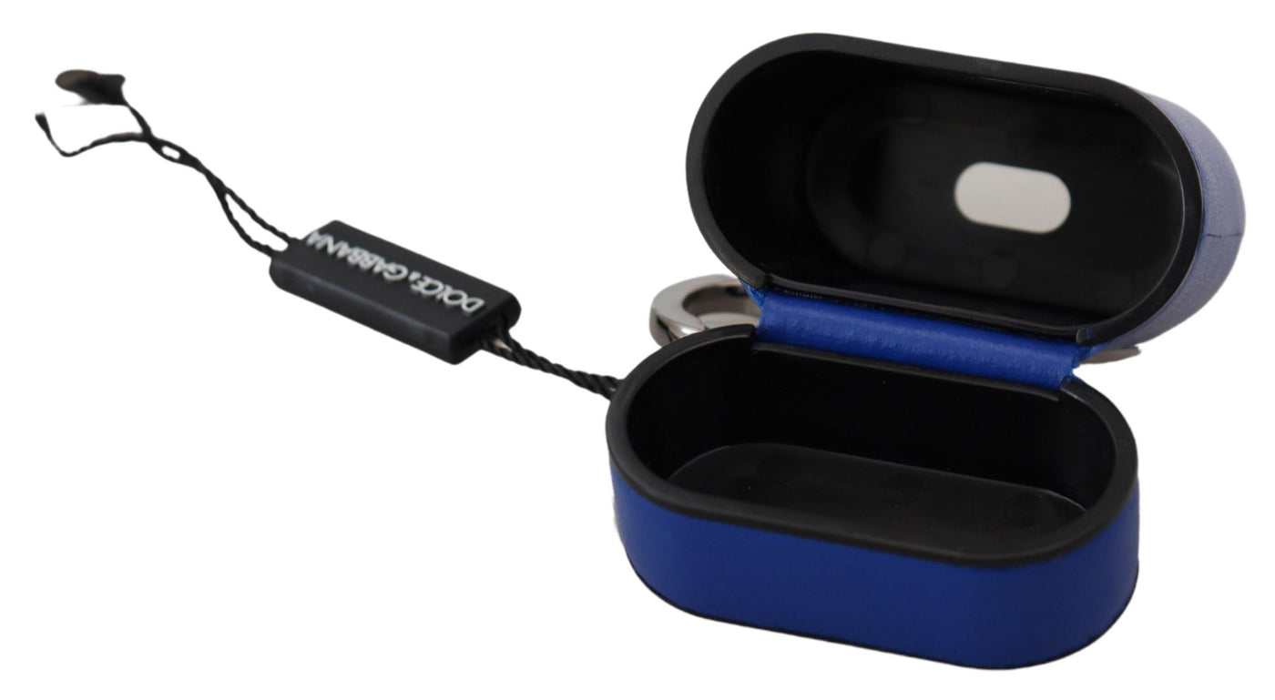 Étui pour Airpods Dolce &amp; Gabbana en cuir bleu avec logo en métal argenté