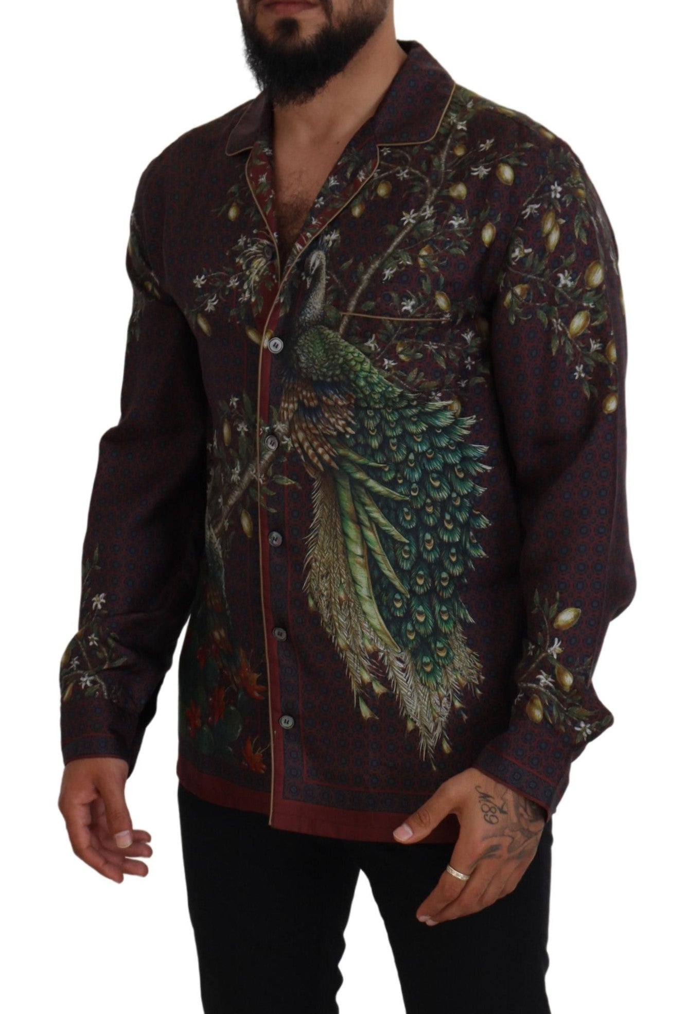 Dolce &amp; Gabbana Bordeaux Struisvogel Zijden Satijn Casual Herenoverhemd