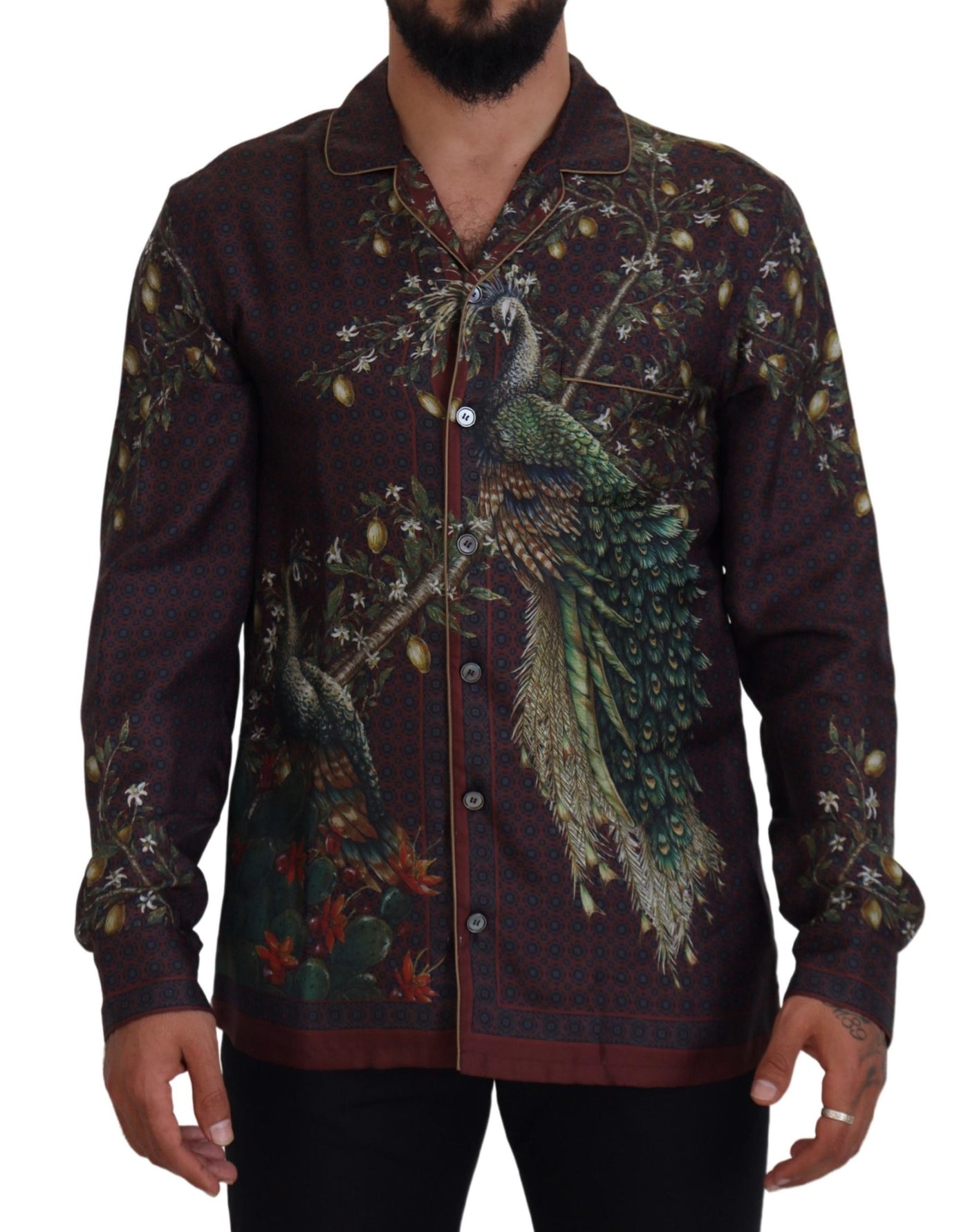 Dolce &amp; Gabbana Bordeaux Struisvogel Zijden Satijn Casual Herenoverhemd