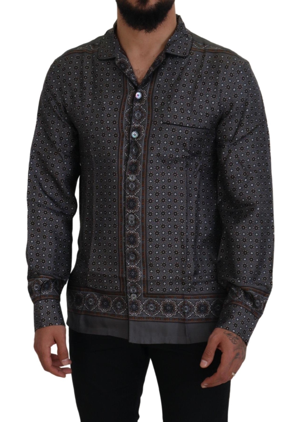 Dolce &amp; Gabbana Grijs Barok Zijden Satijnen Casual Shirt