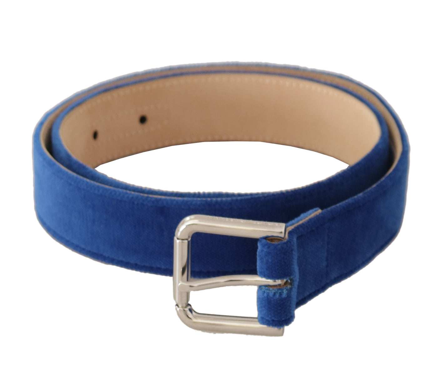 Dolce &amp; Gabbana Blue Velvet Silver Logo Gegraveerde Metalen Gesp Riem