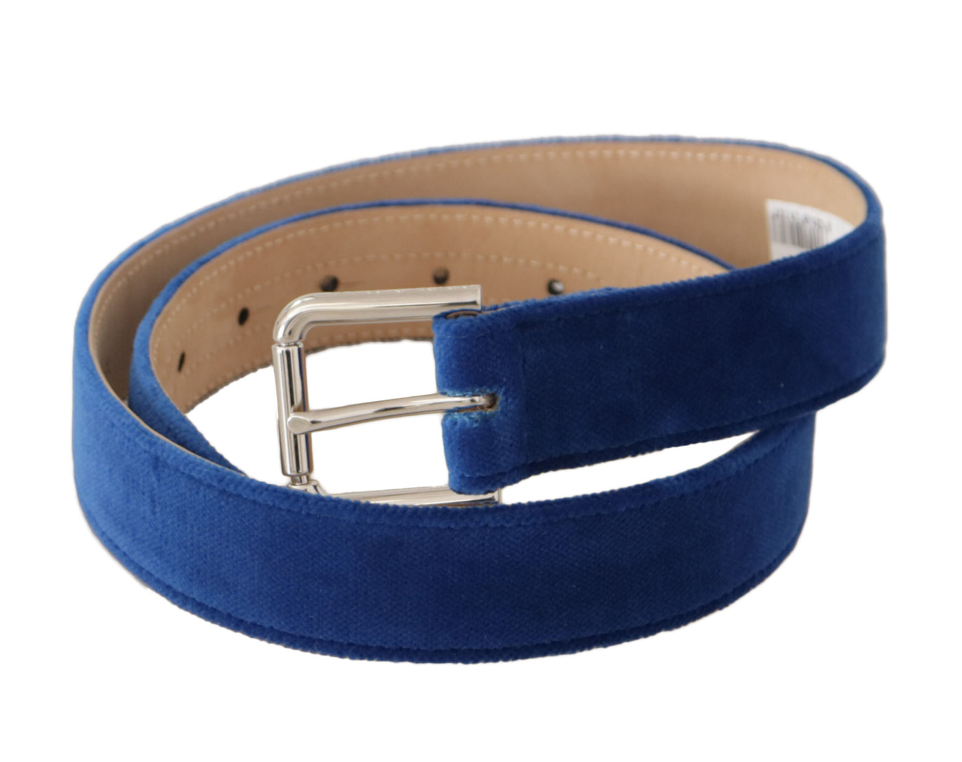 Dolce &amp; Gabbana Blue Velvet Silver Logo Gegraveerde Metalen Gesp Riem