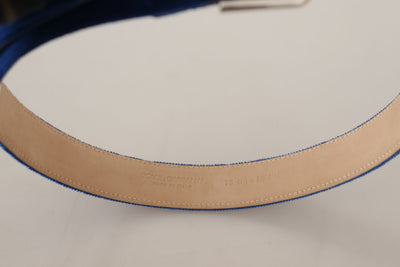Dolce &amp; Gabbana Blue Velvet Silver Logo Gegraveerde Metalen Gesp Riem