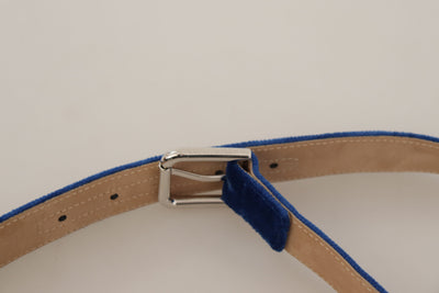Dolce &amp; Gabbana Blue Velvet Silver Logo Gegraveerde Metalen Gesp Riem