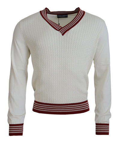 Pull col V en maille blanc rouge Dolce &amp; Gabbana