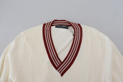 Pull col V en maille blanc rouge Dolce &amp; Gabbana