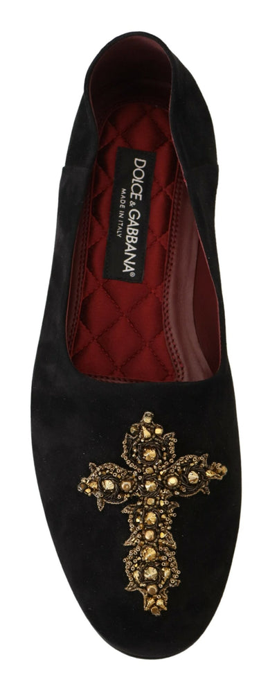 Dolce &amp; Gabbana Zwarte Suède Gouden Cross Slip On Loafers Schoenen